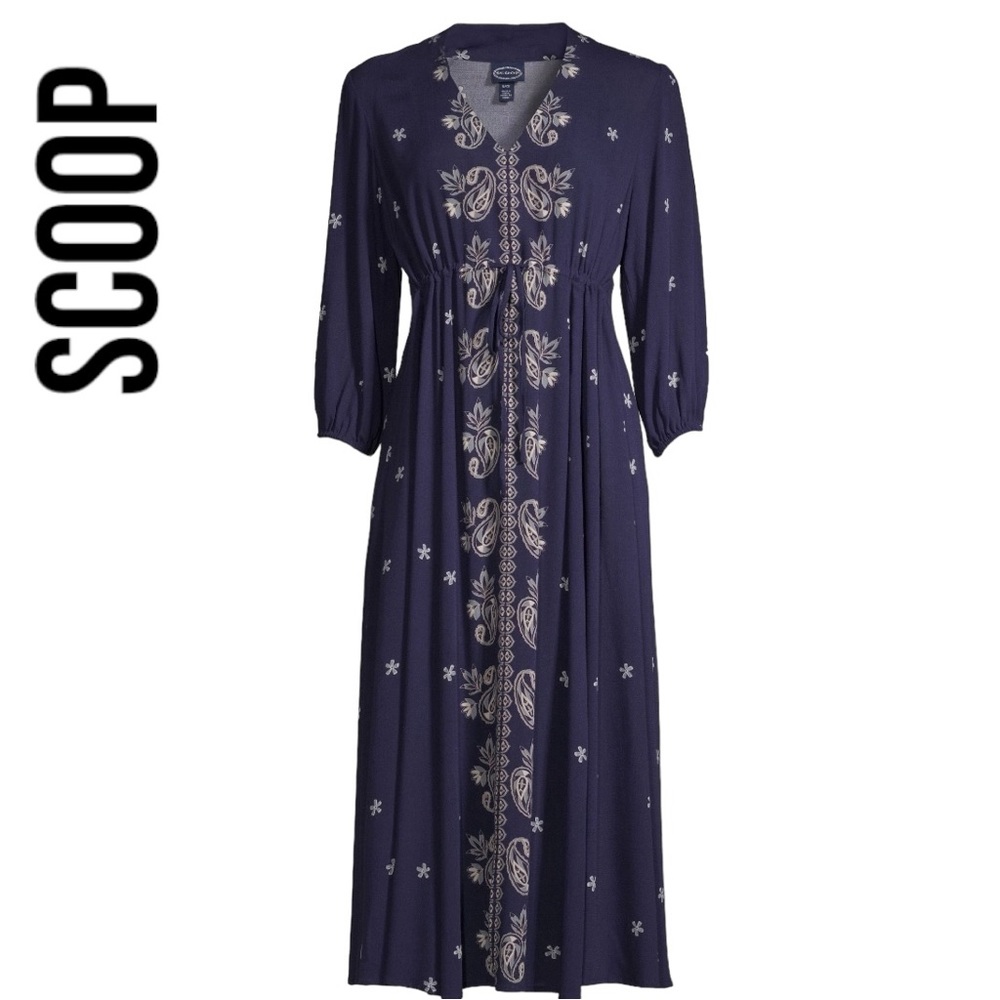 Scoop NWT V-Neck Blouson Sleeve Blue Paisley Print Midi Dress ~ Size 12-14